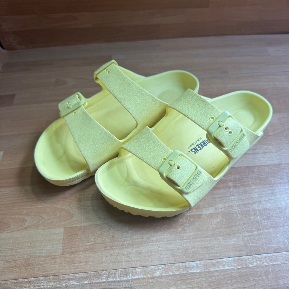 Birkenstock Arizona EVA sandals in a bright yellow size 3